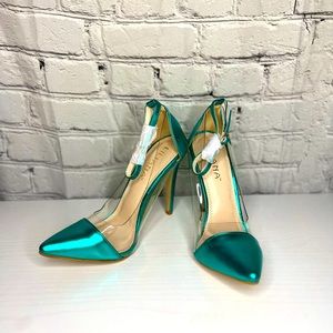 Liliana Pointed Toe Lucite Panel Ankle Strap Heels in turquoise